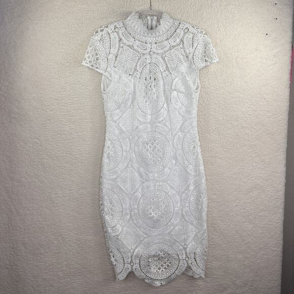 Bisou Bisou Dress Womens 8 White Lace Sheath High Neck Cap Sleeve Party Cocktail - Picture 2 of 16